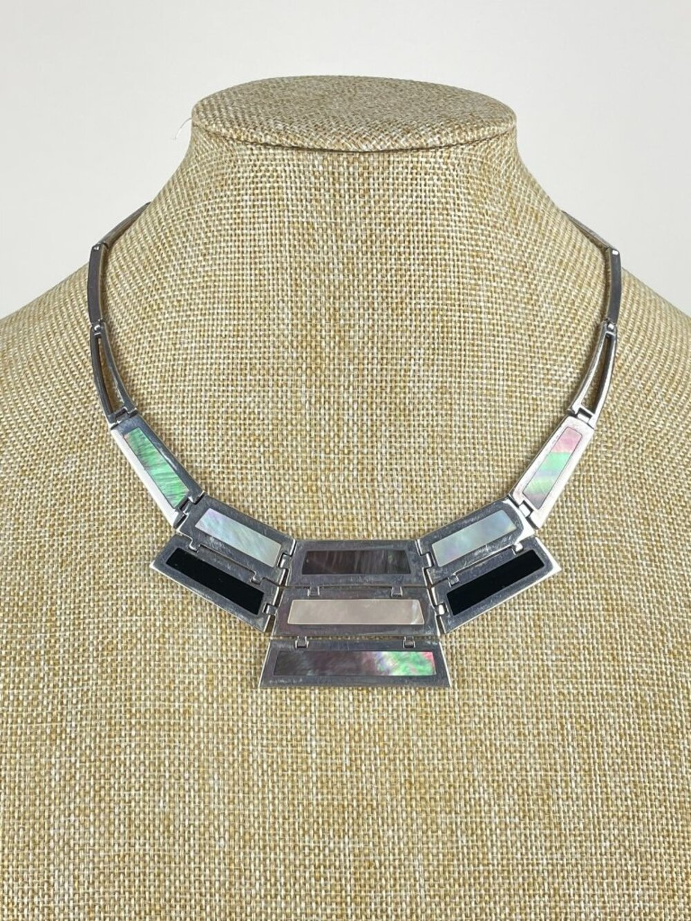 Vintage Sterling Silver Inlaid Panel Necklace, 81 grams